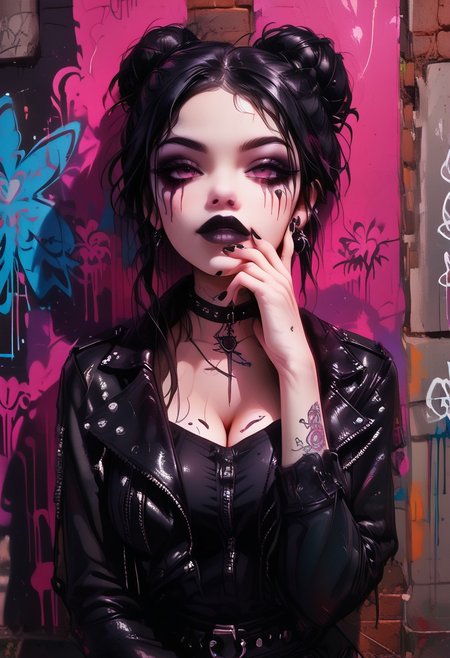 score_9, score_8_up, score_7_up, masterpiece, best quality, brick wall, graffiti green Chimpanzee face, colorful graffiti, dirty walkway BREAK, 1girl, goth, black leather pants, high boots, ornamented top, long messy and tied hair, hair bun, only black clothes, dark hair, big breasts, close jacket Break. possing, wallking, looking at the viewer, (hand on chin), fFaceDetail, g0thicPXL, glowing, neon, Graffiti