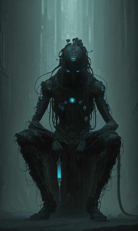 dark futuristic cinematic cgi featuring a biomechanical person sitting using a blue glowing syringe glowing red intricate circuitry set against a green grid-like background. The image exudes a sci-fi dystopian vibe with a high-tech mechanical urban aesthetic, <lora:- iLL -PdJ_highres_counterweight_V1.0-step00004500:.8>,  <lora:dark-moody-ill:0.8>  <lora:- iLL - the_edgy_mech_V2.0-step000013500:0.4>   <lora:Illustrious:0.4> <lora:- iLL - depth_offset_combined_V1.0-step00002000:1>