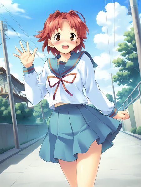 (masterpiece,best quality,ultra_detailed,highres,absurdres:1.2,amazing quality,very aesthetic),<lora:Miyako_ilxl_v1-000010:0.8>,1girl,solo,school uniform,serafuku,short hair,day,power lines,red hair,brown eyes,waving,sky,blue sailor collar,kita high school uniform,outdoors,blush,cloud,miyako\(av king\),standing,