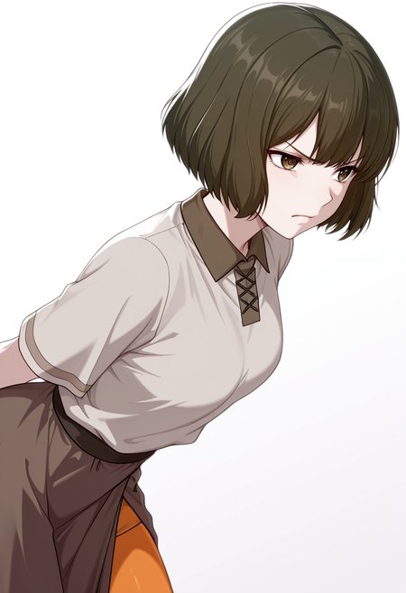 masterpiece,high quality details, absurdres,
 <lora:Akira_Dojima_V2:0.8> akira_cnr,1girl, brown hair, short hair, bob cut, bangs,brown eyes,, simple background, white background, from side,solo,, scowl,despair,, collared shirt,tunic,asymmetrical skirt,,orange pantyhose,