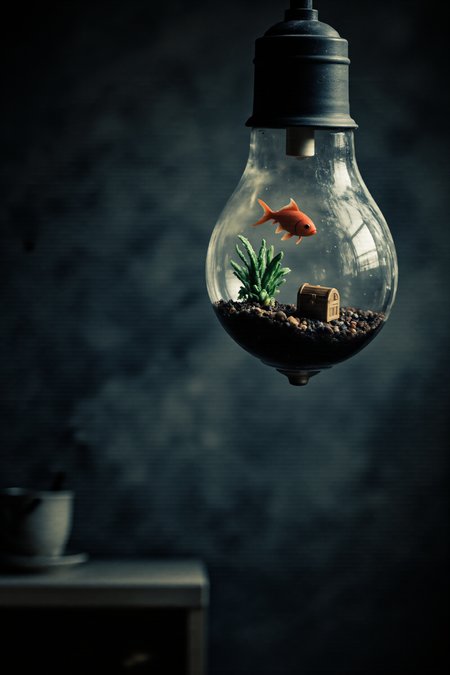 A close-up view of a hanging lightbulb in a dimly lit room, the background blurred to emphasize the bulb's details, but upon closer inspection, the lightbulb transforms into a miniature goldfish tank, complete with a tiny fish swimming lazily amidst plastic plants, a miniature treasure chest, and a few stray fish flakes suspended in the air.
Dark Art
