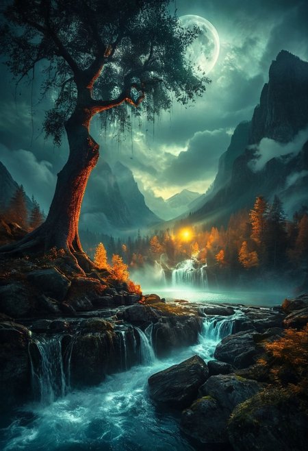 (masterpiece), (best quality), (ultra-detailed), darkness, illustration, A vibrant,colorful tree stands by the edge of a serene lake,its vivid hues contrasting starkly with the foreboding atmosphere. In the background,a waterfall cascades down jagged rocks,the water glistening in the moonlight. Thick,swirling clouds loom overhead,adding to the sense of an evil presence. The moonlight filters through the clouds,casting an otherworldly glow over the scene. The air is thick with mysticism,as if the very night holds ancient secrets and dark magic. disheveled hair, detailed eyes, perfect composition, moist skin, intricate details, earrings, darkness, very detailed, intricate, perfect light, sharp focus, burning background, cool colors, ambient, elegant, highly decorated, deep aesthetic, colorful, magic, mystical, scenic, warm bright, vibrant, unique, best, winning, thought, smart, beautiful, dramatic, artistic, illuminated, scientific, color, romantic, rich, surreal, epic, symmetry