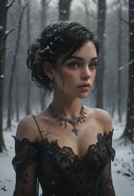 The image features a woman with dark hair and a tattoo on her arm, wearing a black dress. She is standing in a snowy forest, surrounded by trees. The woman is wearing a necklace and earrings, adding a touch of elegance to her appearance. The scene captures a sense of mystery and beauty, as the woman seems to be posing for a portrait in the midst of the wintry landscape. 
award winning artwork,
many details, extreme detailed, full of details,
Wide range of colors., Dramatic,Dynamic,Cinematic,Sharp details
Insane quality. Insane resolution. Insane details. Masterpiece. 32k resolution.
 <lora:add-detail-xl:0.65> <lora:casting shadow style v2:0.1> casting shadow style, cucoloris patterned illumination <lora:CinematicStyle_v1:0.1> <lora:Disturbia:0.15> <lora:dvr-lnds-sdxl:0.1> dvr-lnds-sdxl <lora:MJ52:0.2> <lora:princess_xl_v2:0.1>  <lora:ral-dissolve:0.1> ral-dissolve <lora:ral-ertmsphr:0.1> ral-ertmsphr  <lora:ral-porcelain:0.3> ral-porcelain <lora:ral-pxlprtcl:0.31> ral-pxlprtcl  <lora:xl_more_art-full_v1:0.5>