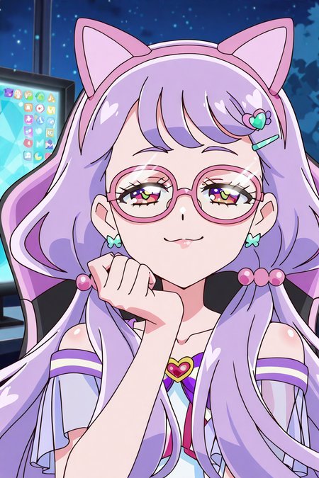 shiny skin, posing,
<lora:wonpri.il:1>,
wonpri,
gaming chair, monitor, 
night, half-closed eyes, looking at viewer, smug, 
see-through shirt,, (purple hair:1.2), very long hair, low pigtails,
red eyes, glasses, hairpin, cat headphones,  
hairpin,