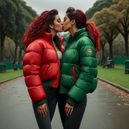 dark cinematic still with dark vibes, full body shot of kissing  south american professional women  wearing an red and green  extra_puffy_jacket,  unique hair styles,   looking at the camera, shallow depth of field, 8k uhd, dslr, soft lighting, high quality, photorealistic, realism, hyperrealism,
, park scene 
 <lora:Puffer_Jacket_and_Down_Jacket_-_Extra_Puffy_Jackets:0.5>