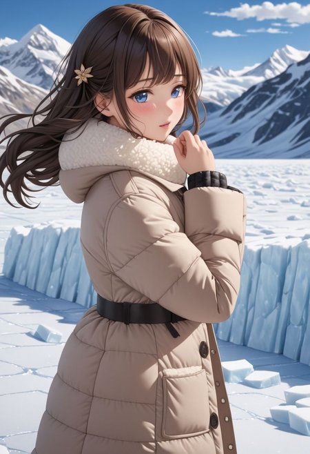 ((((masterpiece)))), ((((best quality)))), ((intricate details)), ((((photorealistic)))), RAW, 8K UHD, (1girl), (office lady), a realistic representation of the face, detailed face, beautiful face, charming, bonny, (erotic face), (long messy brown hair), (blue eyes), ((((Oversized sherpa padded down coat)))), ((walking on icefield)), (cold), dynamic pose, (((blush))), (((heavy breathing))), (((feels orgasm))), wind, (Thick padded collar:1.4), (TSH:1.4), (Thick padded cuffs:1.4)