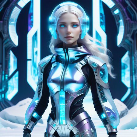 hyper detailed masterpiece, dynamic realistic digital art, awesome quality,DonMFr0stP4nkXL female nanotechnologist,  ageless, shapely, indigenous australian, light blue eyes, pointed ears, wide nose, narrow chin,       , platinum blonde mermaid waves hair, gratitude,
 showing off futuristic clothing or wearable technology.,
  wearing exoskeleton texture    mauve    quantum-linked polymer virtuality cargo culottes, holographic projection print electromagnetic hooded sweater,   , crouching or leaning against a wall, ready for stealthy maneuvers., android eyes glow, virtual reality shared consciousness experiences,snow, ice  <lora:DonMFr0stP4nkXL-000006:1>