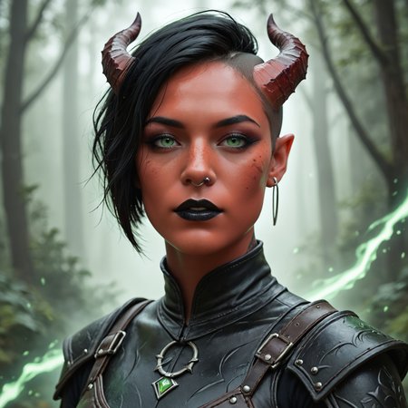 (((beautiful, high quality))), upper Body, woman, goth, short hair, undercut hair, green eyes, score_9, score_8_up, score_7_up, Tiefling, pointed ears, horns, colored sclera, 1girl, red skin, black armor, green energy, looking at the viewer, posing, dynamic pose, blurred background, in the style of jeff-easley, oil painting, realistic, tattoos, black hair, piecings, black lipstick, black makeup, symmetrical horns, nose ring, lips closed,