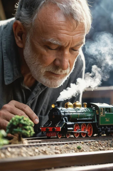 face of a rough old man partly out of frame inspecting a beautiful large scale and extremely detailed miniature train set, steamy steam locomotive, miniature forest, landscape, layered, (on top of a rough wooden messy table), dusty, inside a old dust garage, hyper realistic, photorealism, rough skin, imperfections, (dark moody), vivid lighting, atmospheric haze, macro shot, extremely detailed, sunrays piercing the window, (up-close macro shot), raw photo