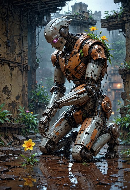 insanely detailed, masterpiece, best quality, 8k, ultra high res, High contrast and low saturation, Create an anime-style illustration of a robot in a rain-soaked ruin, kneeling with one knee, delicately holding a single flower (pinched between its fingers), and gazing at it with a forlorn expression. The robot, with endearing features and a less sleek appearance, exudes a sense of melancholy. Capture the atmosphere of desolation intensified by the rain, while the lone flower symbolizes hope or reflection, adding a touch of warmth and approachability to the character.   <lora:EpicF4nta5yXL:0.8>