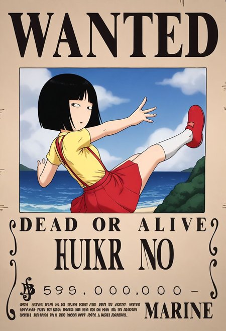 <lora:HyLper-Accelerate-PAseer:1> <lora:Fixhands_anime_bdsqlsz_V1:1>score_9, score_8_up, score_7_up, source_anime, intricate details, perfect anatomy BREAK
wanted poster, 1girl, hanako-san, black hair, black eyes, no nose, yellow shirt, red suspender skirt, white socks, red shoes, flat chest,
dynamic pose, outdoors, ocean, 
<lora:hanako-san_XL(pony)v10:1> <lora:wanted_poster_XL(pony)fix:1>