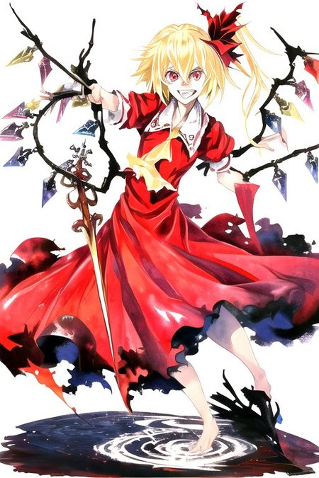 solo, 1girl, solo_focus, ((too many)):16, 
watercolor (medium), traditional media, 
flandre_scarlet_(koumajou_densetsu), solo, 1girl, crazy_smile, long_hair, blonde_hair, red_eyes, hair_between_eyes, long_dress, puffy_sleeves, short_sleeves, branch, wings, sidelocks, barefoot, hair_ribbon, small_breasts, yellow_ascot, fangs, side_ponytail, polearm, crystal, one_side_up, ((torn_clothes)), cross, red_dress, clenched_teeth,