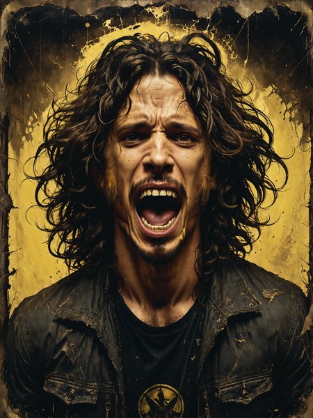 Grunge style,   portrait of a young Chris Cornell screaming, long hair, mouth opened, Textured, distressed, vintage, edgy, punk rock vibe, dirty, noisy hyper-realistic, very detailed, intricate, very sexy pose, slight smile expression, unreal engine, by Artgerm, WLOP, trending on Artstation, detailed concept art, digital art, Blue and yellow glow in-window, James Jean, Andrei Riabovitchev <lora:Misty_Vintage:0.5> <lora:xl_more_art-full_v1:0.5> <lora:mouth_opened:0.8>