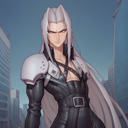 score_9, score_8_up, score_7_up, flightless detailed closeup action shot, from front, Sephiroth leaping through the air swinging very long sword in a wide overhead arc, smug expression, dynamic pose, exaggerated perspective emphasizing action, in an industrial city at night, dim street lighting, solo, beautiful, androgynous, flat chest, leather straps, broad shouldered, long draping leather overcoat, high contrast, industrial cityscape background,