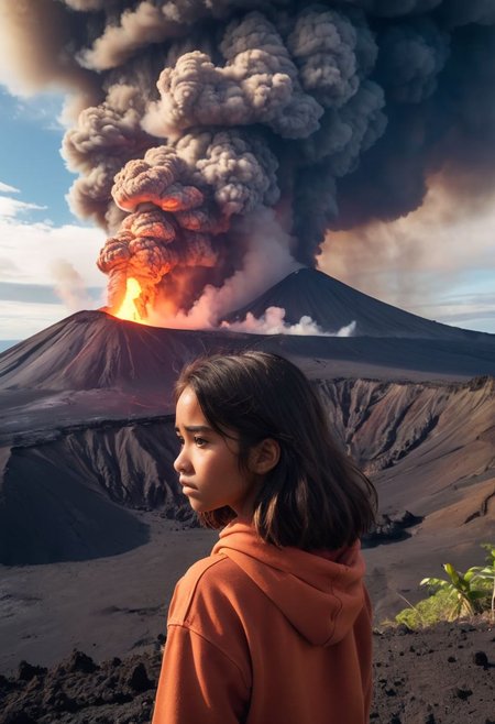 shot from the inside of a volcano: a beautiful 20yo hawaiian girl stares into the caldera of an erupting volcano, dramatic. Analog Color Theme, Lo-Fi Hip Hop , retrospective, flat, 2.5D,