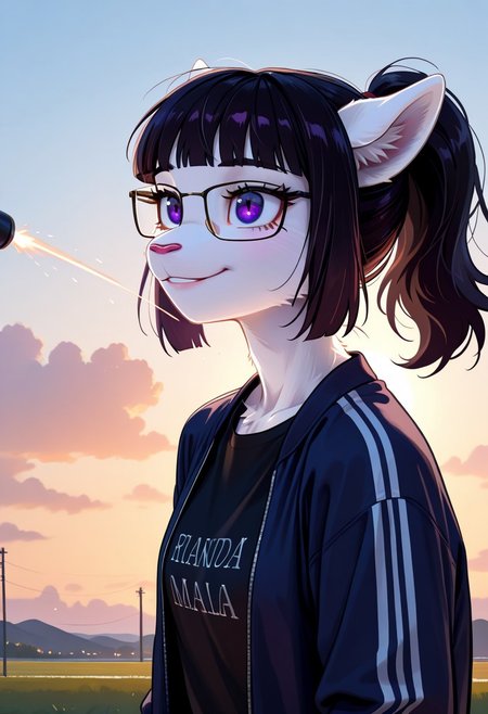 masterpiece, best quality, very aesthetic, absurdres,
outdoors,
upper body, headshot, 
t-shirt, open jacket, 
happy, long eyelashes,
<lora:Tala_v01_NAIXL:1>
T4l4,1girl,solo,furry,furry female,black hair,animal ears,ponytail,blunt bangs,purple eyes,glasses,snout,animal nose,body fur,white fur,