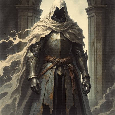 A ghostly undead figure in ancient armor hovers in a dimly lit room, The armor, tarnished and weathered with time, clings to the ghostly figure, with cracks and gaps revealing the misty, swirling essence within. The ghost eyes peer out from beneath a dented helmet. Long, tattered remnants of a cloak drift weightlessly behind it as if caught in a perpetual wind. The armor's metal clinks faintly, echoing in the silence, while the ghost hovers silently, its presence both haunting and regal in the desolate space, cowboy shot