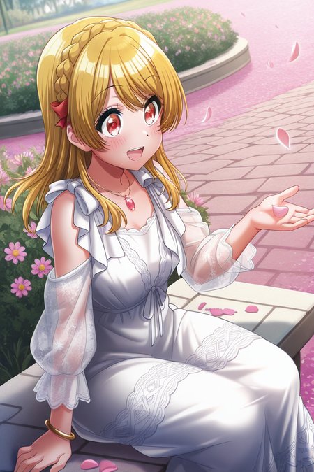 masterpiece, best quality, amazing quality,
 <lora:RinkuV2_IL:1> rinku, 1girl, dress, blonde hair, solo, petals, flower, outdoors, sitting, white dress, braid, red eyes, jewelry, smile, open mouth, see-through sleeves, day