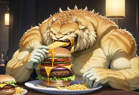 2d,anime,scene from fate/grand ogre,an astolfogre is eating a cheesburger