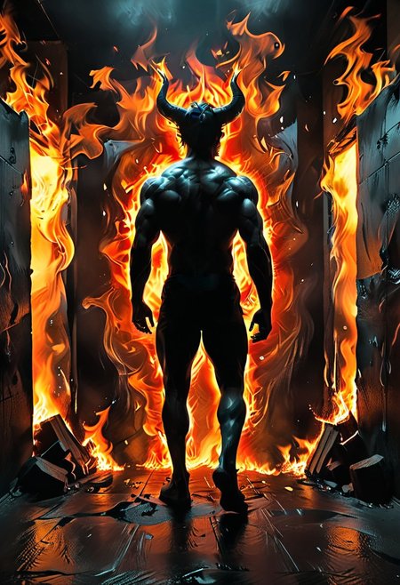 <lora:flame silhouette:1>, flame,
fullbody, full body, back view, <lora:Super perspective and fight stance:0.8>, ((super low perspective)), low perspective, ((fisheye)), dark atmosphere, dark shadow, deep shadow, shadow,  Super perspective,fisheye, wide shot, foreshorten, lighting stance, (fire around), ((fiery footprints)),
Man with demon horns in black shorts walking away from the long dark office corridor, Adult, Mesomorph Muscular body, short Muscular neck, Rectangle faces, broad Muscular shoulders, Muscular fitness arms,  black short combed back hair,  Angular jawline,  Designer Stubble black whiskers, triangular black hair beard, Muscular fitness ass,  Athletic thighs, Muscular fitness legs,  big muscles,  dark black skin,
((burning walls)), ((fire on the walls)),
<lora:Camera Perspectives (507):1>,  from below, foreshortening, perspective,
graphic style of novel comics, perfect hands, 2d,
8k, hyperrealism, masterpiece, high resolution, best quality, ultra-detailed, super realistic, Hyperrealistic art, high-quality, ultra high res, highest detailed, lot of details, Extremely high-resolution details, incredibly lifelike, colourful, soft cinematic light,