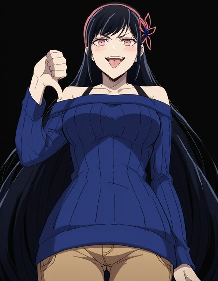 score_9, score_8_up, score_7_up, source_anime, <lora:yihwa-yeon-s2-ponyxl-lora-nochekaiser:1>, yihwa yeon, long hair, bangs, black hair, hair ornament, pink eyes, very long hair, hairband, large breasts,, long sleeves, bare shoulders, collarbone, off shoulder, sweater, butterfly hair ornament, off-shoulder sweater, train station, trains, platform, passengers, travel, , <lora:thumbs-down-ponyxl-lora-nochekaiser:1>, thumbs down, blush, from below, smug, tongue, tongue out, open mouth, black background, looking at viewer, solo,, dutch angle, cowboy shot