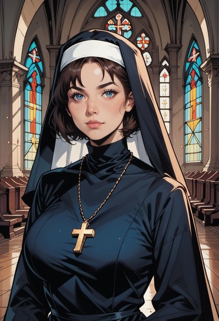score_9, score_8_up, score_7_up, source_anime, 1woman, mature, human female, human, detailed face, jawline, smooth skin, beige skin, beautiful eyes, blue eyes, brunette, big breasts, bob cut hair, nun, habit, long sleeves, dress, black dress, jewelry, black veil, cross, cross necklace, church,