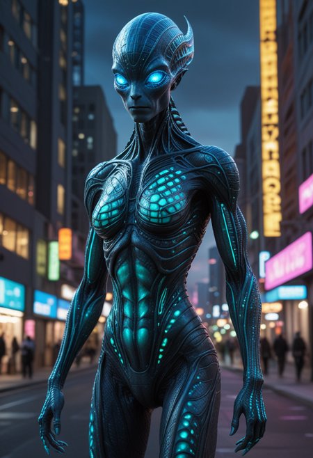 (medium full shot) of (otherworldly alien) with translucent blue scaled skin, bioluminescent patterns, serpentine body , luminous rainbow eyes, flexible glowing antennae, bioluminescent limbs, spines along back, set in  a utopian futuristic city, with sleek architecture, clean streets, a sense of harmony, at twilight, Masterpiece,best quality, photo, realistic, very aesthetic, detailed face,