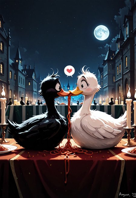 2ducks, white duck, black duck, animal focus, no humans, shared food, shared spaghetti, food in mouth, spaghetti and meatballs, table, table cloth, candle, plate, dated, scene reference, night, moon, outdoors, city, spoken heart, lady and the tramp, photo \(medium\), scenery, volumetric lighting, masterpiece, best quality, good quality, very awa, very aesthetic, absurdres, newest, opill