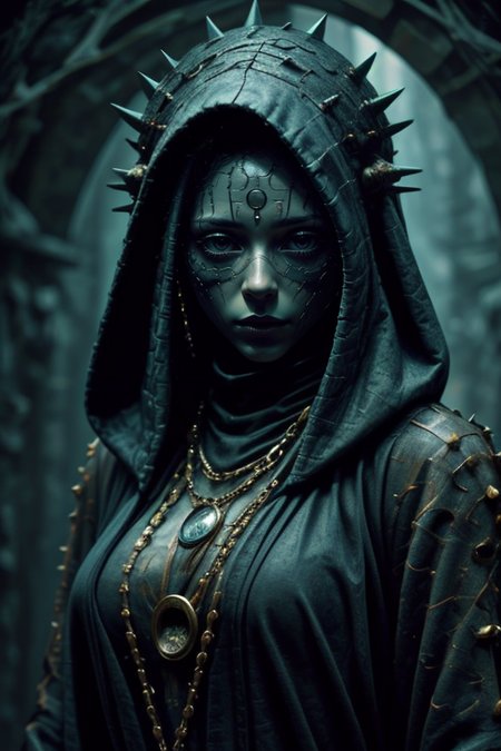 1girl,cowboy shot,at distance,<lora:dungeon v1:0.7>,dungeon-background,dungeon,underground,stone wall,moss,<lora:cultiste:0.7>,cloak,hood up,robe,jewelry,chain,spike,<lora:Concept_-_Hella-sthetic_v2:0.7>,ceramic mask,, intricate, elegant, highly detailed, symmetry, magical atmosphere, sharp focus, majestic, very coherent, radiant, advanced, cinematic, artistic, fine detail, winning, beautiful, stunning, dramatic light, designed, rich deep colors, perfect professional background, ambient, tailored set composition