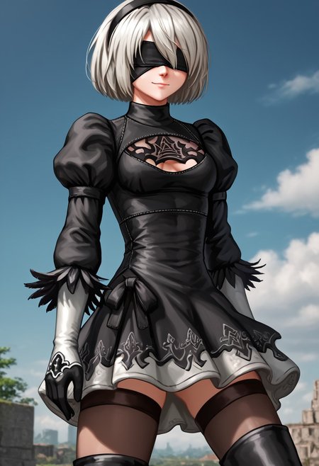 score_4,score_5,score_6,score_7_up,score_8_up,score_9
((masterpiece,best quality,ultra detailed,highres,HD,4k:1.2)),
1 cute girl,solo,
2BNAXL, blindfold, black blindfold, hairband, white hair, short hair, medium breasts, clothing cutout, cleavege cutout, black dress, puffy sleeves, feather-trimmed sleeves, black gloves, leotard, skirt, black thighhighs, thigh boots, black high heels
smile,