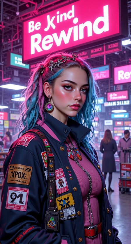 Waist-up shot of a photorealistic woman standing under a glowing "Be Kind, Rewind" sign in a dreamlike video store maze. She's in a varsity jacket covered in cartoon patches, cassette-tape earrings, and a Walkman strapped to her arm like tech armor. Hair dyed in chunks of pastel blue and hot pink, parted with a butterfly clip crown.

real skin, photorealistic lighting, pastelpunk retrocore, nostalgic dream mallscape, analog tech charm, color-block fashion, radiant expression





fmlas-mk.1, mythp0rt,