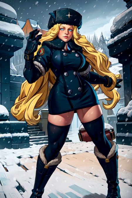 masterpiece,best quality,extreme detail,8k,<lora:Kolin:0.8>,kolinsf5,1girl,solo,long hair,breasts,looking at viewer,blue eyes,blonde hair,thighhighs,gloves,hat,dress,boots,black thighhighs,zettai ryouiki,fur trim,buttons,short dress,knee boots,snow,snowing,blue gloves,fur hat,ushanka,