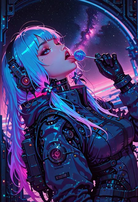 <lora:ck-nc-cyberpunk-IL-000011:1>,  masterpiece, best quality, good quality, very aesthetic, absurdres, newest, 8K, depth of field, focused subject, 1girl, science-fiction, floating, space, licking, lollipop, sexy space suit, stars, nebula, galaxy, swirl, neon hair, long hair,
 in the style of cknc
 <lora:MoriiMee_Gothic_Niji_Style_Illustrious_r1:1>