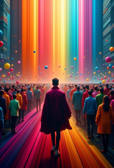Cinematic still, "The symphony of rainbows, a chorus of colors, celebrating the diversity of the human spirit.", superhero symbolism, cinema, 
PsyDreamer, aidmaimageupgrader