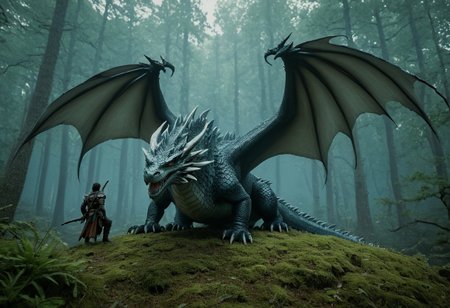 lazypos, dragon, realistic, breath of fire, beautiful captive astride the dragon's back, magical forest background