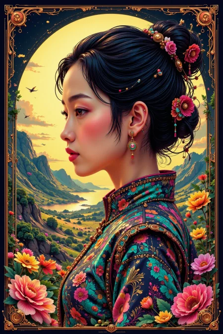 Lao beautiful  landscape, golden hour, woman, very intricate, very detailed, sharp, bright, colorful, <lora:Hand v2:0.5> <lora:Anti-Blur:1><lora:Insane Detail Slider:0.25>  <lora:flux.1_lora_flyway_Epic-detail_v2:0.3> <lora:fluxenhancer:0.25> <lora:ck-Neon-Retrowave:0.4> ck-rw, in the style of ck-rw,  <lora:Neurocore Anime Cyberpunk:0.8> A digital artwork in the style of cknc