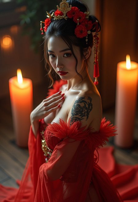 full-body view. head to toe photo. A photorealistic, ultra-realistic, A gorgeous seductive japanese dancer, exuding elegance and grace, adorned with delicate jewelry and traditional flowers in her hair.  red fingernails, red toenails. Her stunning beauty is enhanced by dynamic, fluid movements, creating a sensual and captivating atmosphere. The dancer’s intense emotions are expressed through her mesmerizing gaze and perfectly balanced composition. She wears a sexy version of traditional japanese dancer costume. her tattooed body glistening as candles softly illuminate her silhouette. Her blushing face is captured with intricate detail, reminiscent of Jean Baptiste Monge, Carne Griffiths, Jeremy Mann, and Seb McKinnon, all in a sophisticated Vogue-style aesthetic