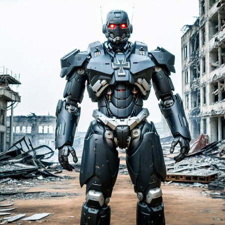 score_9, score_8_up, score_7_up, score_6_up, score_5_up, score_4_up, BREAK, RAW, photo, 8k, very sharp, very detailed, realistic, real, hyper realistic, (source_real:1.5),
1mecha, full body, mecha inspired by black uniform, iron cross ornament, 
post apocalypse city ruin,  <lora:uniformss:1>