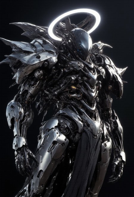 highly detailed and hyper realistic and dynamic.
This is a highly detailed digital illustration of a futuristic robot with a humanoid shape, likely created using a 3D modeling software. The robot has a sleek, metallic body with intricate, segmented armor plating and a dark, almost black, metallic headpiece that includes a glowing, circular halo-like light on top. The headpiece has a smooth, glossy texture, while the body armor is more rugged and textured, with visible bolts and mechanical details. The robot's eyes are not visible, suggesting a more mechanical, less human-like appearance.The robot is depicted from a slightly low-angle, three-quarter view, which emphasizes its imposing and advanced nature. The background is a simple, dark gradient, which helps to highlight the robot without any distractions. The lighting is soft but directional, casting subtle shadows that enhance the robot's three-dimensional form. The aesthetic quality of the image is very high, with a strong focus on detail and realism. The style is reminiscent of concept art used in science fiction films or video games, with a strong emphasis on futuristic and advanced technology. The background is blurred, ensuring the robot remains the focal point of the image.