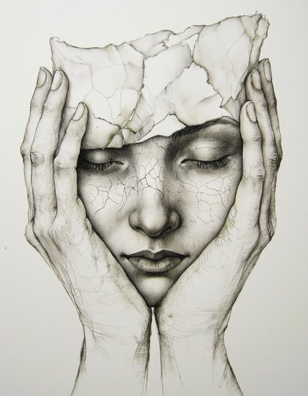 Art by Marina Richterova. A black and white, realistic pencil drawing of a woman's face, captured from a close-up camera angle. the subject, a young woman, appears to be in her early twenties, with her eyes closed and a serene expression. her face is cracked with thin, jagged lines, creating a sense of depth and texture. she is positioned in the middle of the image, holding her hands up to her face with both hands, as if in a moment of contemplation or introspection. her lips are slightly parted, revealing a hint of her teeth, and her nose is partially covered by a thin, torn piece of paper, adding to the sense of realism and depth to the image. the background is a plain, light-colored paper, allowing the focus to be on the subject's face and hands, which are intricately detailed and realistic. the overall effect is one of serenity and vulnerability, with the woman's expression and texture blending seamlessly into the background.