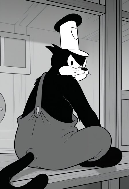 masterpiece,best quality,amazing quality,1boy, solo, p3t3, monochrome, furry male,  whiskers, tail, captain hat, overalls, sitting, looking back, annoyed,