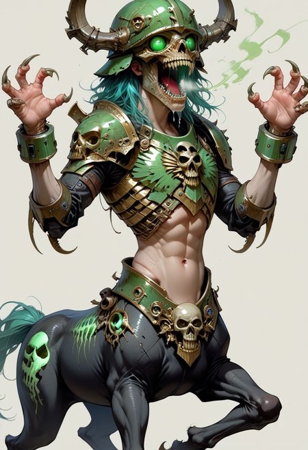 score_9, score_8_up, score_7_up, source_cartoon,  solo, hunched over, Nightmarish centaur, (centaur body:1.1), (full helmet, skull helmet, green breathing tubes, green saliv, drooling:1.2), (black body suit, robotic shoulder pads, robotic chest plate, robotic arms, light armor), (claw legs, claw arms, wrist mounted blades:1.5), roaring, simple background, (horror art style:1.1)