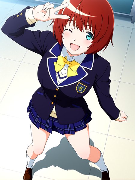 masterpiece,best quality,newest,absurdres,highres,detailed eyes,beautiful,detailed background,perfect eyes,anime coloring,anime screencap,
nsfw,explicit,<lora:add-detail-xl:1>,<lora:ponyv4_noob1_2_adamW-000017:0.8>,wear clothes,
1girl,solo,
v,legs apart,standing,smiling,open mouth,one eye closed,
looking at viewer,
<lora:IL-FumikoYanagi-TokimekiMemorial4-10:1>,il-fumiko-tokimemol4,1girl,solo,school uniform,blazer,long sleeves,bow,jacket,yellow bowtie,plaid skirt,socks,loafers,