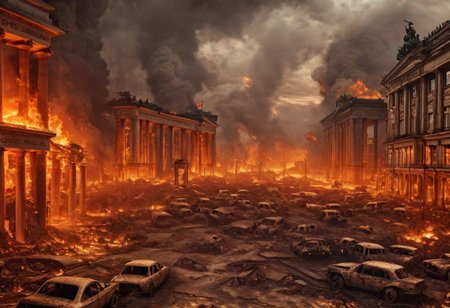 hyperdetailed photo, Cinematic, photo, berlin, brandenburger gate, atomic apocalyps, in hell, fire, lava, smoke,  Zombies are crawling out of the ground, borken houses, broken streets, borken cars, burned cars, dramatic, apocalyptic scenery , demonic,