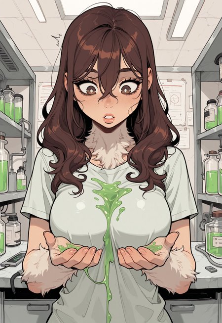 score_9, score_8_up, score_7_up, masterpiece, best quality, very aesthetic, 1woman, incoth, (incase:0.6), detailed face, (dynamic:1), brown hair, brown eyes, white pupils, (panic, surprised:1.1), long hair, t-shirt, looking down at animal-hands, (growing fur, spreading fur:1.1), (paws, animal hands:0.85), transformation, (laboritory, lab:1.1), experiment, (visual effects:1.1), (upper body:0.5), condition, spreading, covered in, liquid, three-quarter view, (itching, scratching:1.07), skin condition, mature, lips 