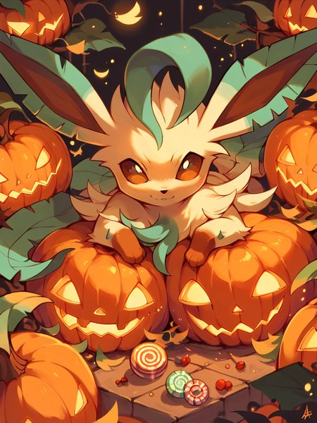 score_9, score_8_up, score_7_up, score_6_up, score_5_up,   <lora:halloweenpokemonXLP:1> halloween pokemon, no humans, jack-o'-lantern, (leafeon:1), candy,