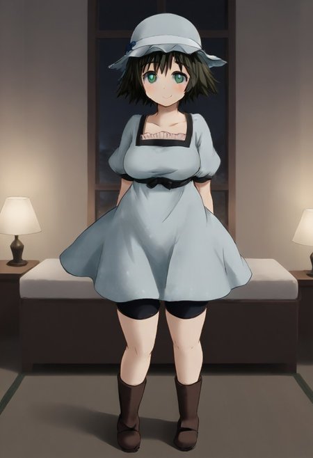 /Mayuri_Shiina (Steins;Gate)/, 1girl, blue eyes, big eyes, green eyes, shorts, shorts under dress, boots, large hips, short hair, bow, pantyhose, white headwear, bike shorts
Blushing, Thick thighs, sole female, smiling, looking at viewer, cute face, erotic smile, big hips, thick thighs, arms back, medium breasts, Exposed thighs, Hips marked in clothes
Japanese room, white bed, lamp, Night, window, Japanese Interior