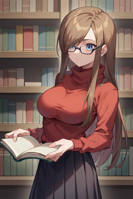 score_9, score_8_up, score_7_up, score_6_up, source_anime BREAK 1girl, solo  <lora:teargrants-pdxl-nvwls-v1-000005:1> tgrants, brown hair, hair over one eye, red sweater, turtleneck, medium breasts, black skirt, bookshelf, reading book, glasses