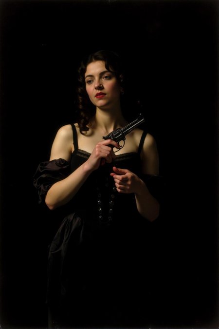 carava1 painting. 
a mysterious woman with dark, wavy hair and piercing eyes stands in the shadows of a dimly lit room. She is holding a small revolver with a delicate yet firm grip. Her red lipstick is the only color that stands out in the darkness, her intentions unclear but dangerous. <lora:carava1_cap_d6a3e11:1.0><lora:828421512903136744:0>