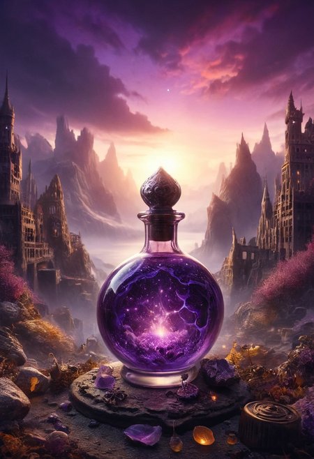 Score_9, Score_8, high_def, highest quality, 4k, best quality, masterpiece, focused, defined, Photorealistic magic potion, intricate glass bottle, elixir, vibrant purple and silver colors, glowing with a soft radiant glow, ethereal light, wax seal, radiant golden highlights, magic lights, luminous, dynamic reflections, magical aura, highly detailed, fantasy essence, glowing spark-like particles, radiant aura, evoking a sense of ethereal beauty and majesty